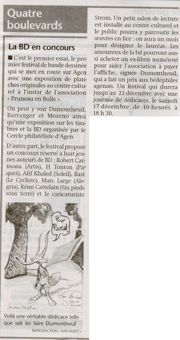 revue de presse de Sud-Ouest pour le Festival de BD de l'Agenais - Pruneau en Bulle dition 2005