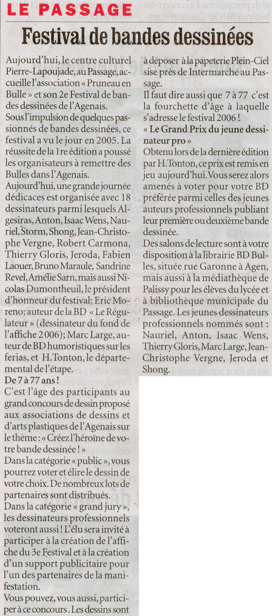 article de La dpche du 15 dcembre 2006 pour le 2me festival de bandes dessines de l'Agenais  Le Passage -47520- 